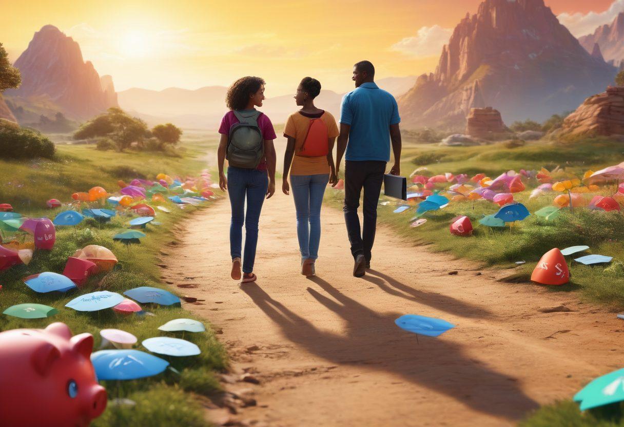 A visually engaging scene depicting a diverse group of people exploring a vibrant landscape filled with various insurance-related symbols like shields, piggy banks, and paperwork. In the background, a helpful guide points towards a clear path labeled 'Affordable Coverage' and 'Benefits' leading towards a bright horizon. The image should convey a sense of empowerment and clarity in navigating insurance options. super-realistic. vibrant colors. 3D.