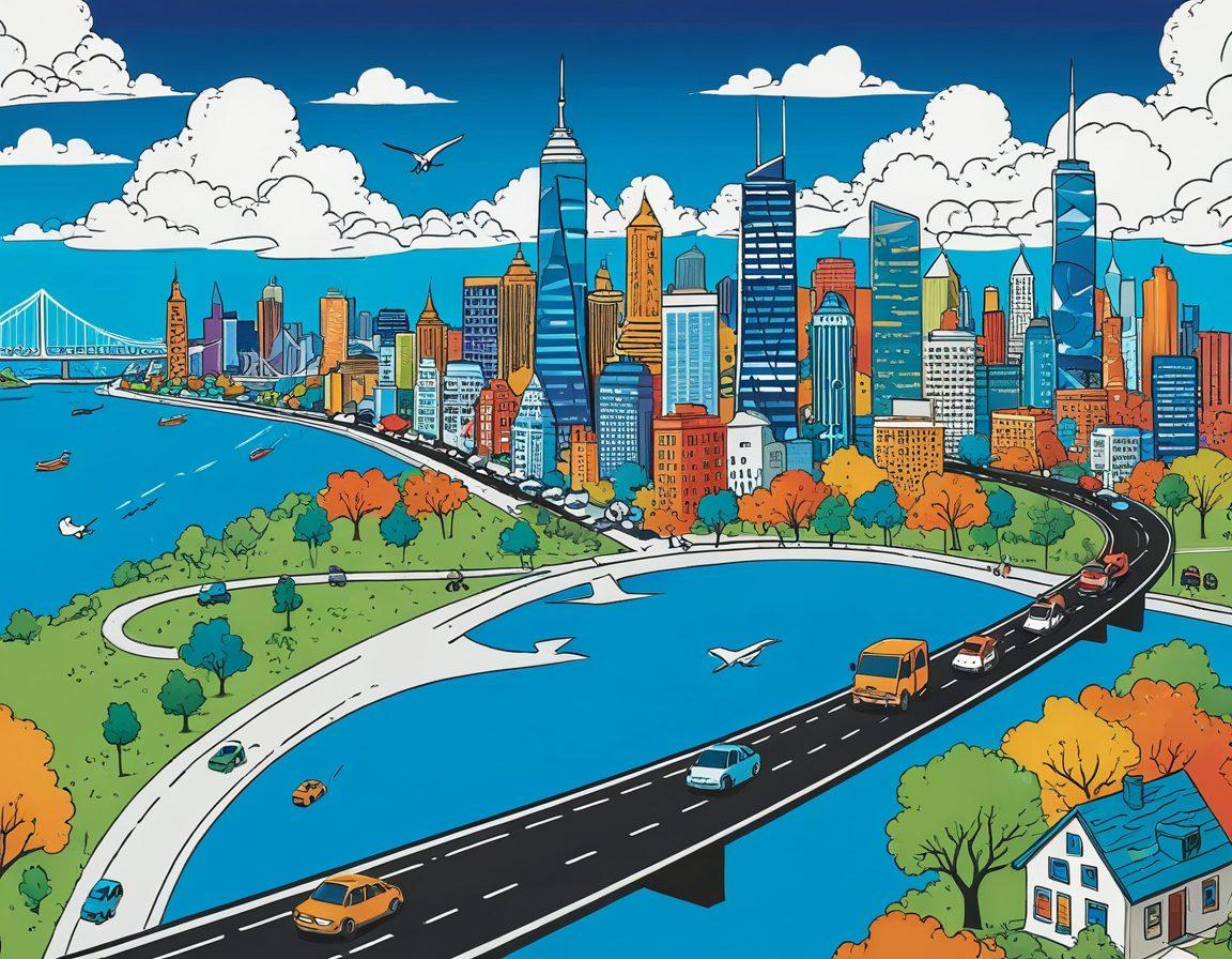 A digitally illustrated roadmap landscape filled with diverse insurance quotes, friendly agents engaging with clients, and various coverage options depicted as colorful markers along the route. The background showcases a vibrant city skyline, symbolizing security and progress, with clouds subtly shaped like insurance symbols. The overall tone should be inviting and informative, aiming to demystify the insurance journey. vibrant colors. vector art.