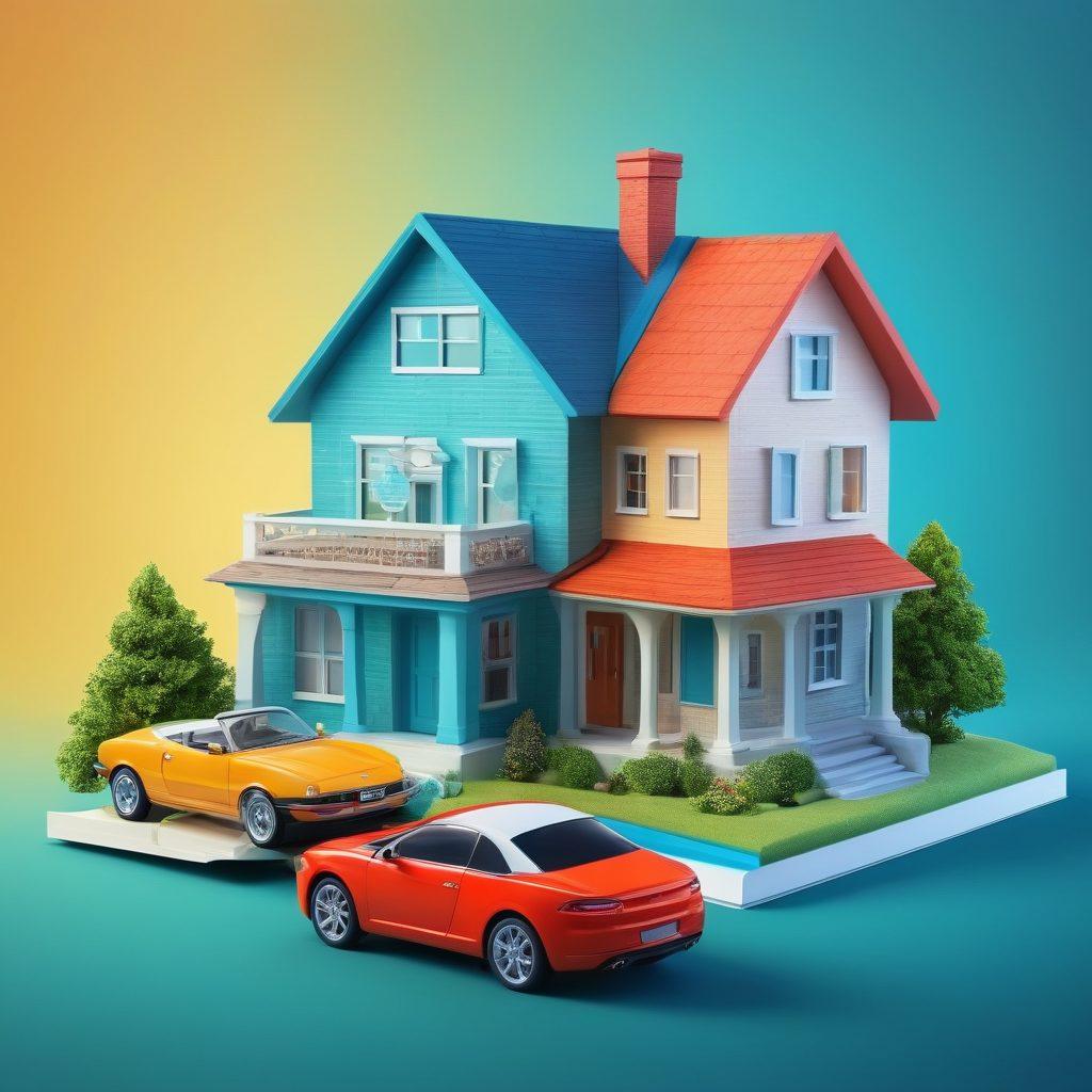 A visually engaging collage that represents the themes of health, auto, and life insurance, featuring symbols like a stethoscope, a car, and a family with a home. The background should be a gradient of vibrant colors, incorporating elements of financial graphs and secure locks to symbolize protection and benefits. The overall tone should be informative yet approachable, inviting readers to explore insurance topics. vector art. vibrant colors.